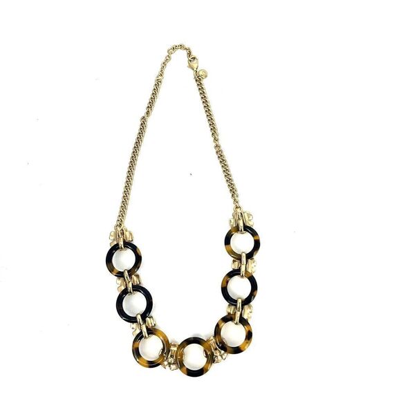 J Crew Necklace Tortoise Shell Statement Gold Flowers Rhinestone Link Chain - Picture 4 of 4
